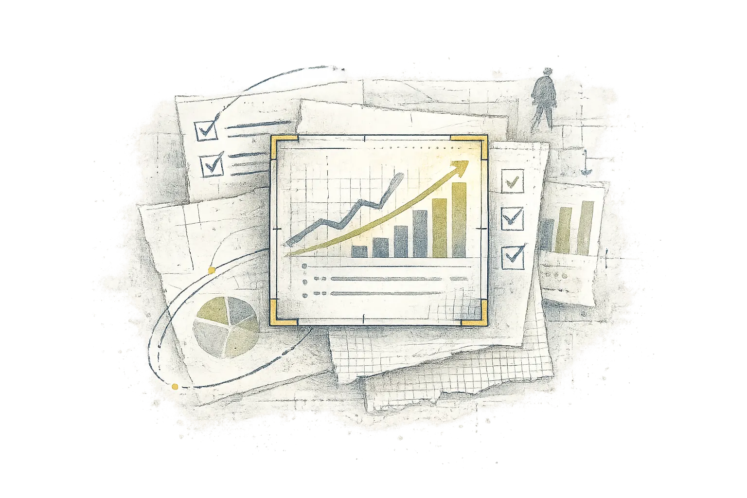 Collage of sketched dashboards with rising charts and completed checklists while a small figure walks away