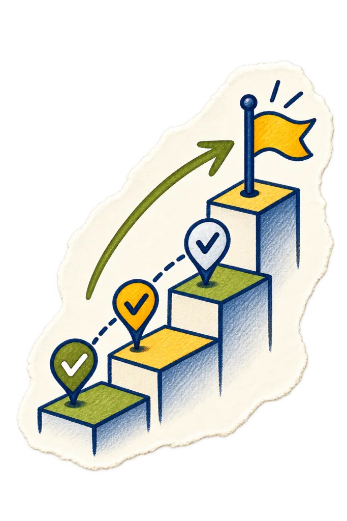 Sketched staircase of three steps with checkmark pins on each and a flag planted at the top, an arrow sweeping upward alongside
