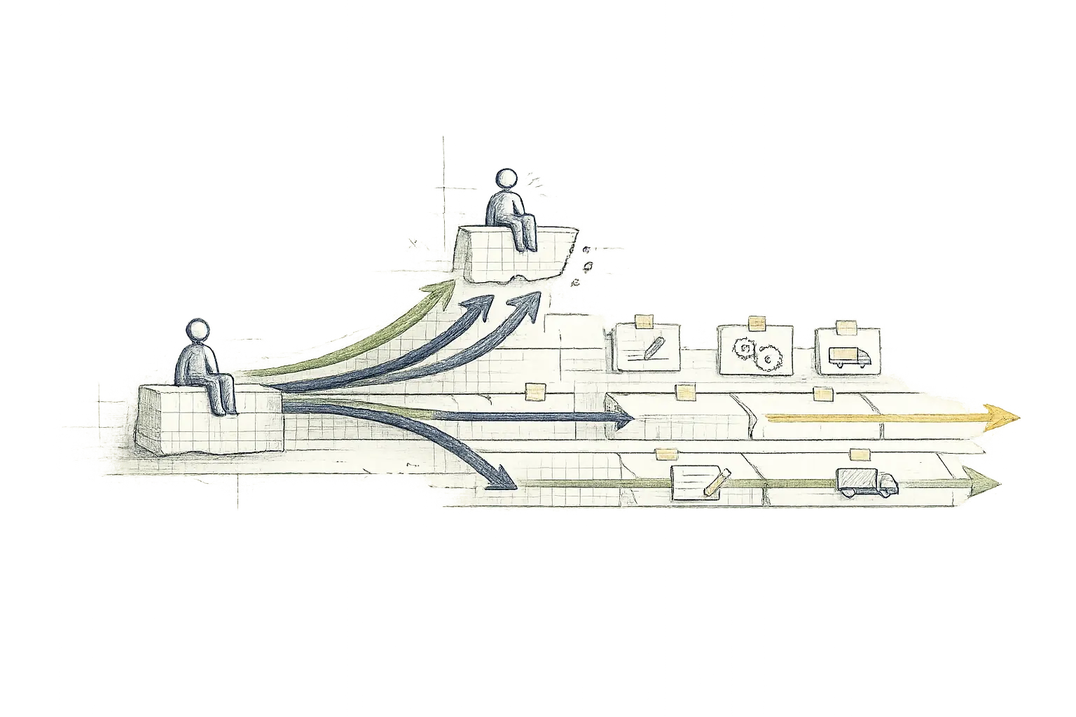 Hand-drawn diagram of a seated figure with multiple forward paths branching ahead, each continuing on its own