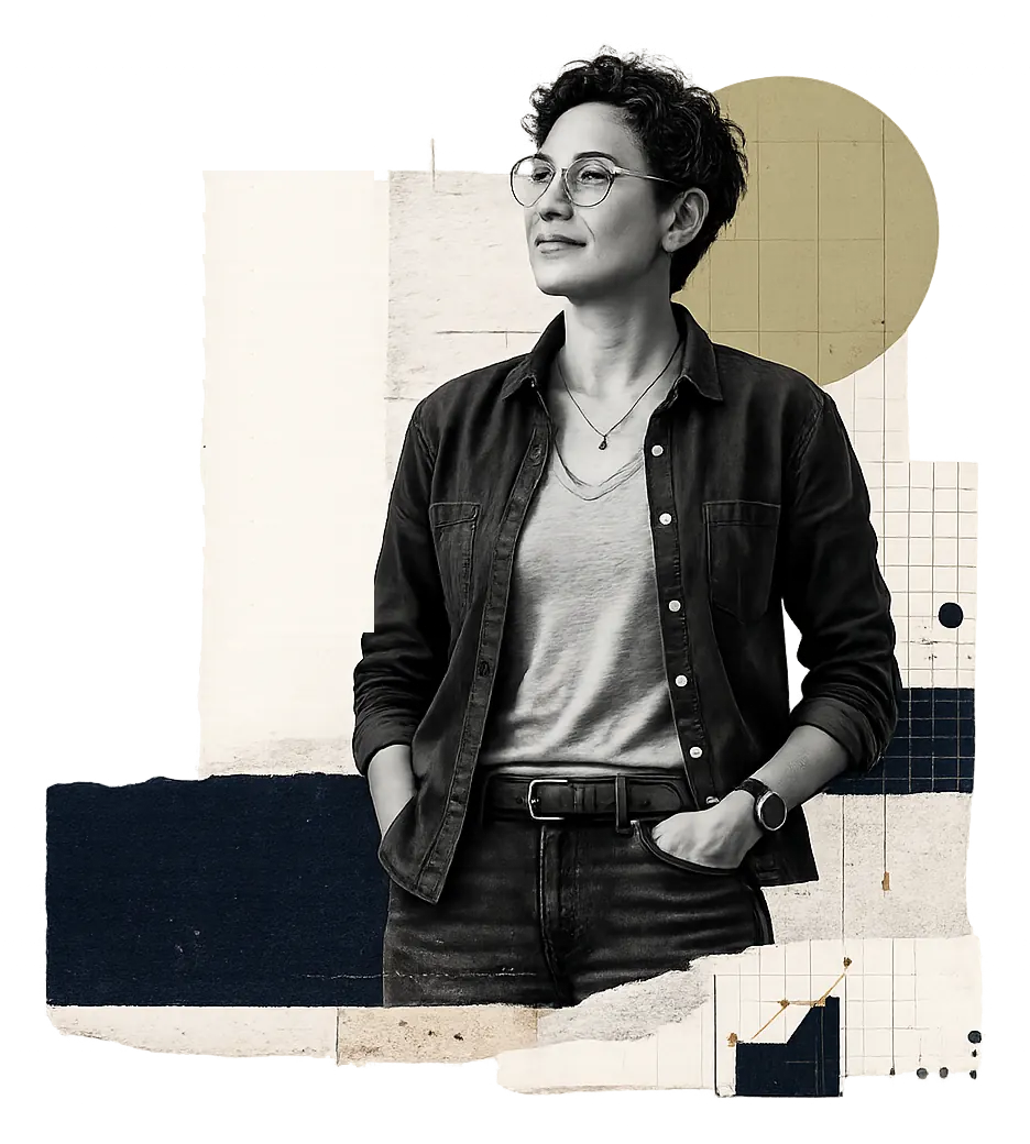 Black-and-white collage of a business owner in glasses standing with hands in pockets, layered over torn paper, a graph grid, and a gold circle