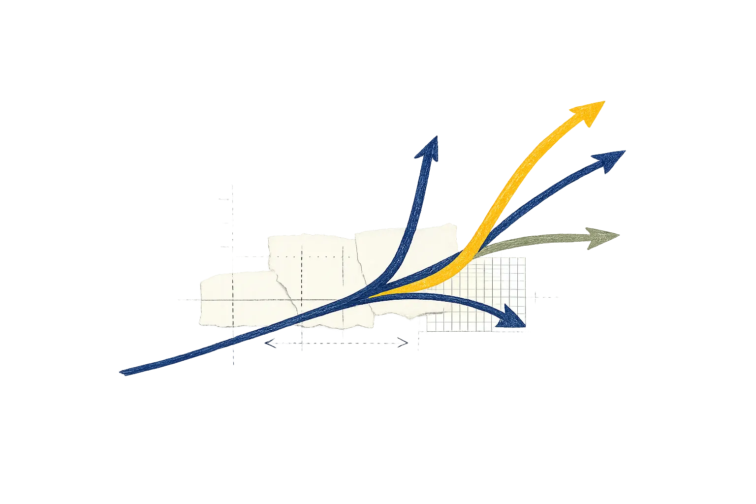 Hand-drawn chart of diverging trajectories: a gold line rises steeply away while others flatten or fall