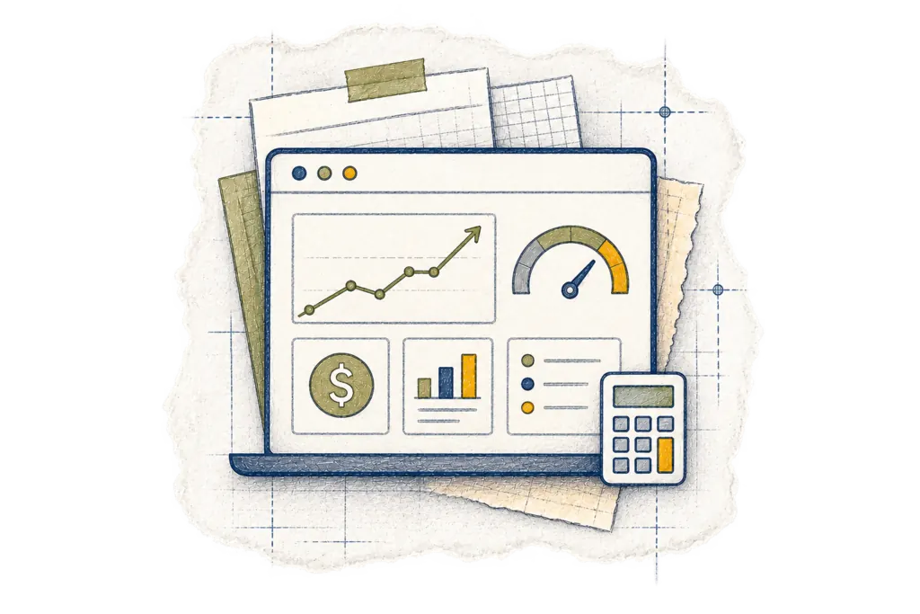 Sketched laptop dashboard with a rising line chart, gauge, mini bar chart, and calculator, drawn on torn paper