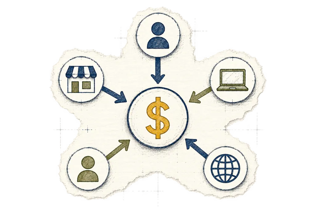 Sketched icons of a storefront, laptop, people, and globe with arrows converging on a central gold dollar sign, drawn on torn paper