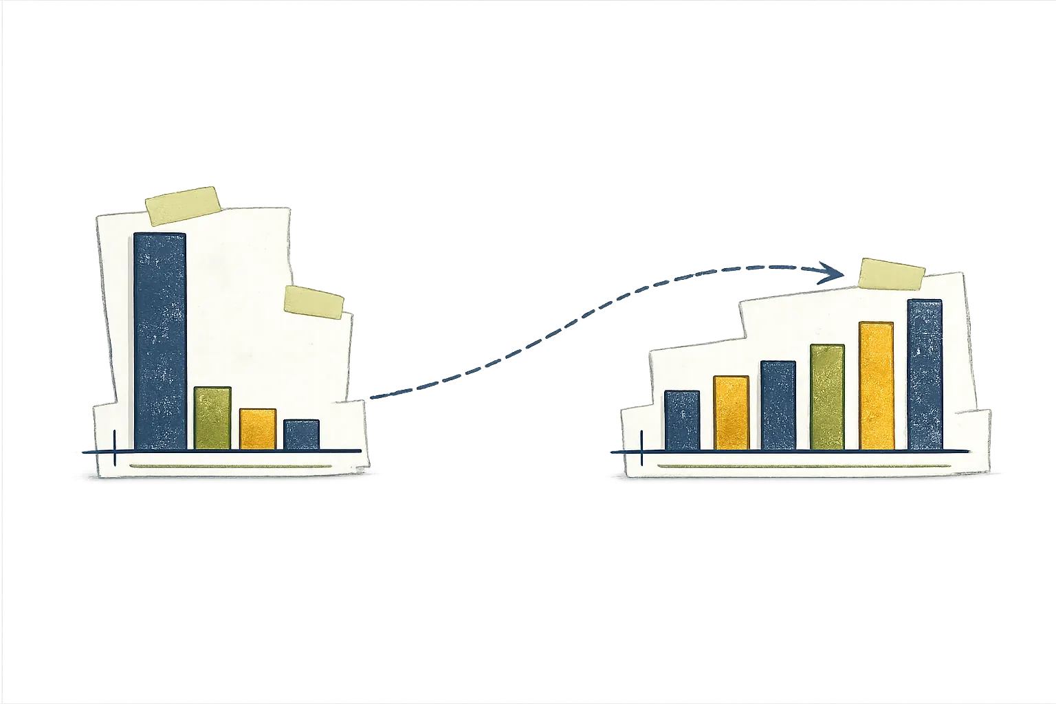 Bar chart dominated by one tall bar, with a dashed arrow to a second chart of evenly balanced bars