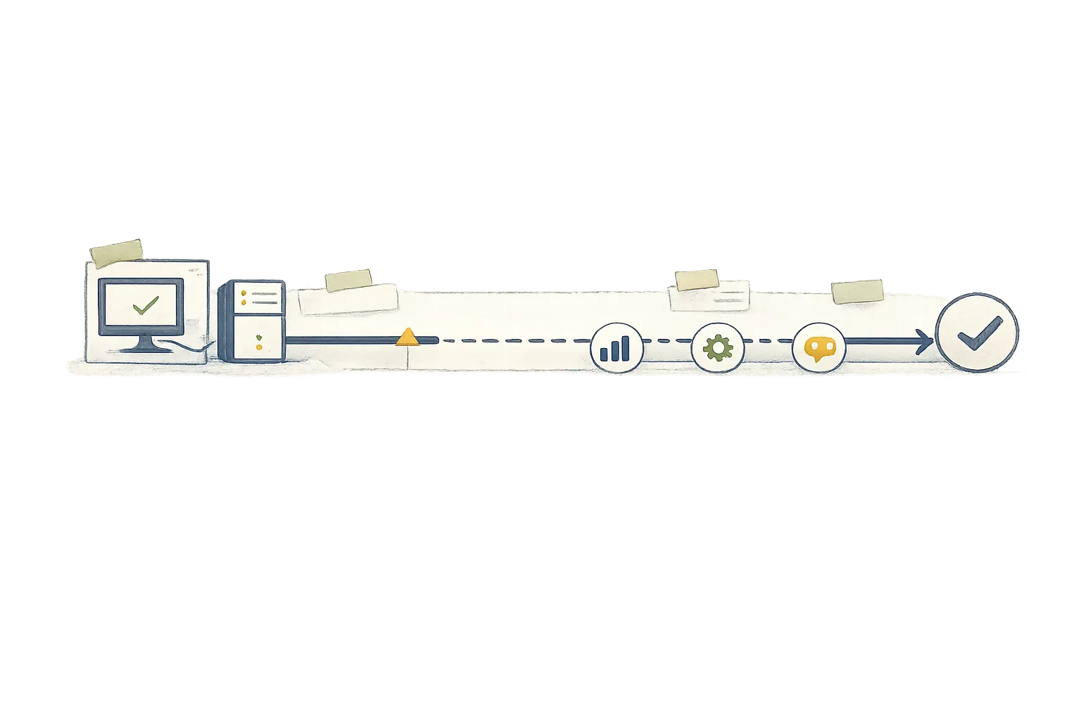 Timeline running from a computer workstation through milestone icons to a final checkmark, continuing without interruption