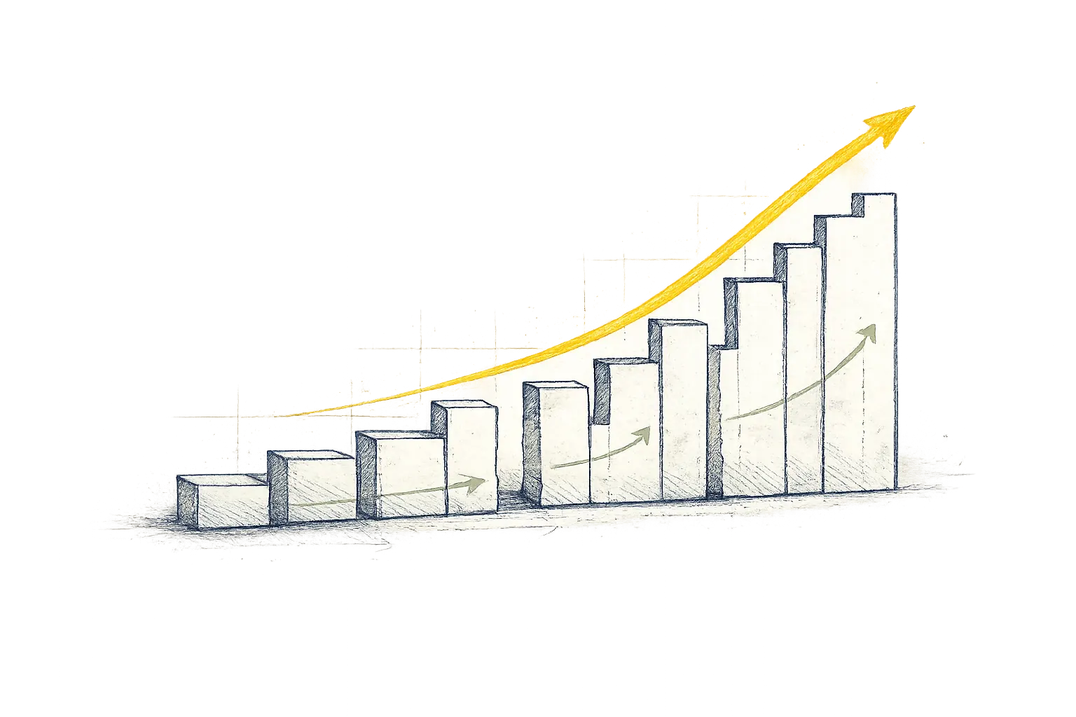 Sketched staircase of rising bars traced by a glowing gold growth arrow
