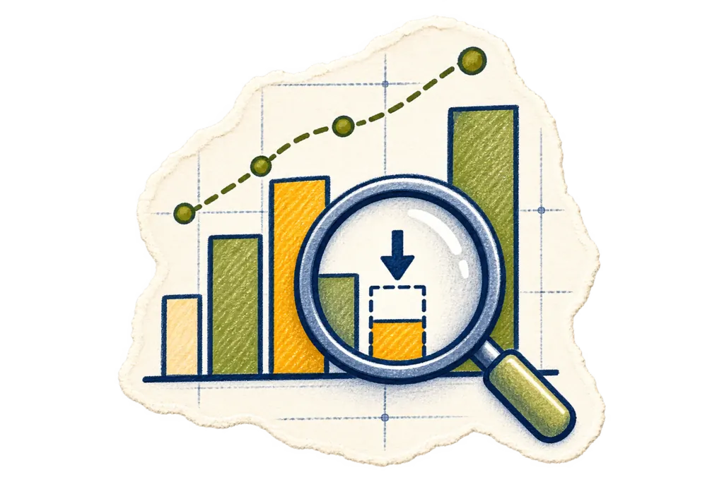 Sketched bar chart with a rising dashed trend line, a magnifier over one bar revealing the gap between its actual height and its potential