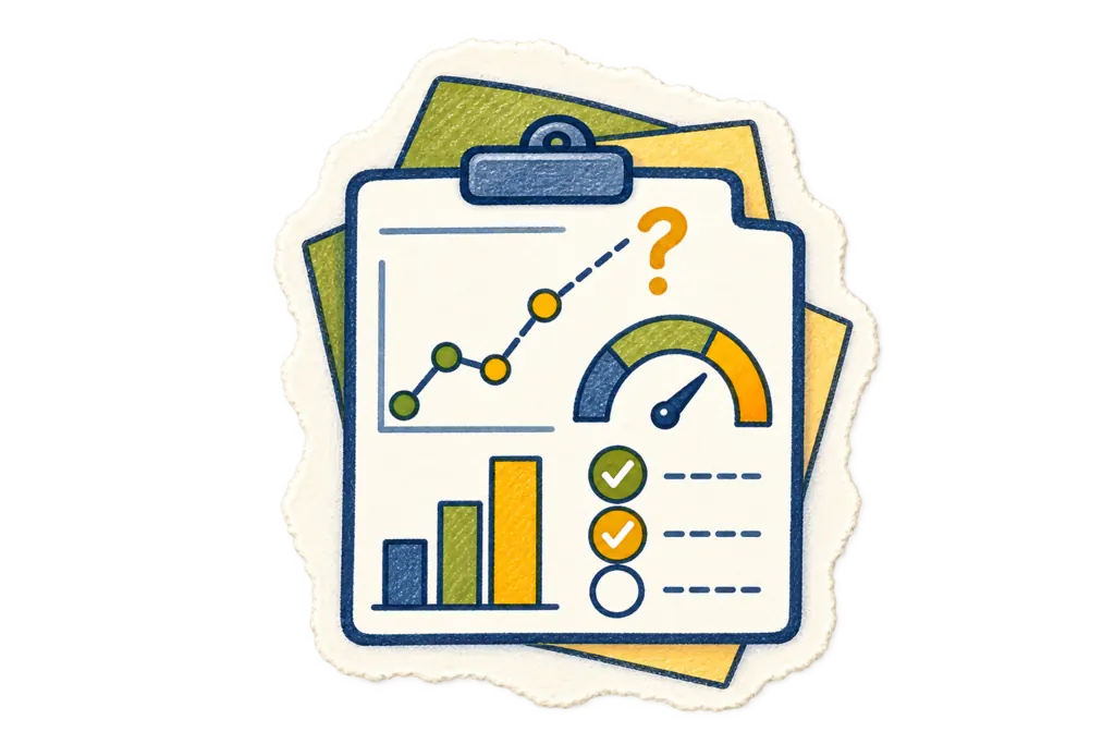 Sketched clipboard of diligence pages: a trend chart, a readiness gauge, and a checklist with one item still unchecked beside a question mark