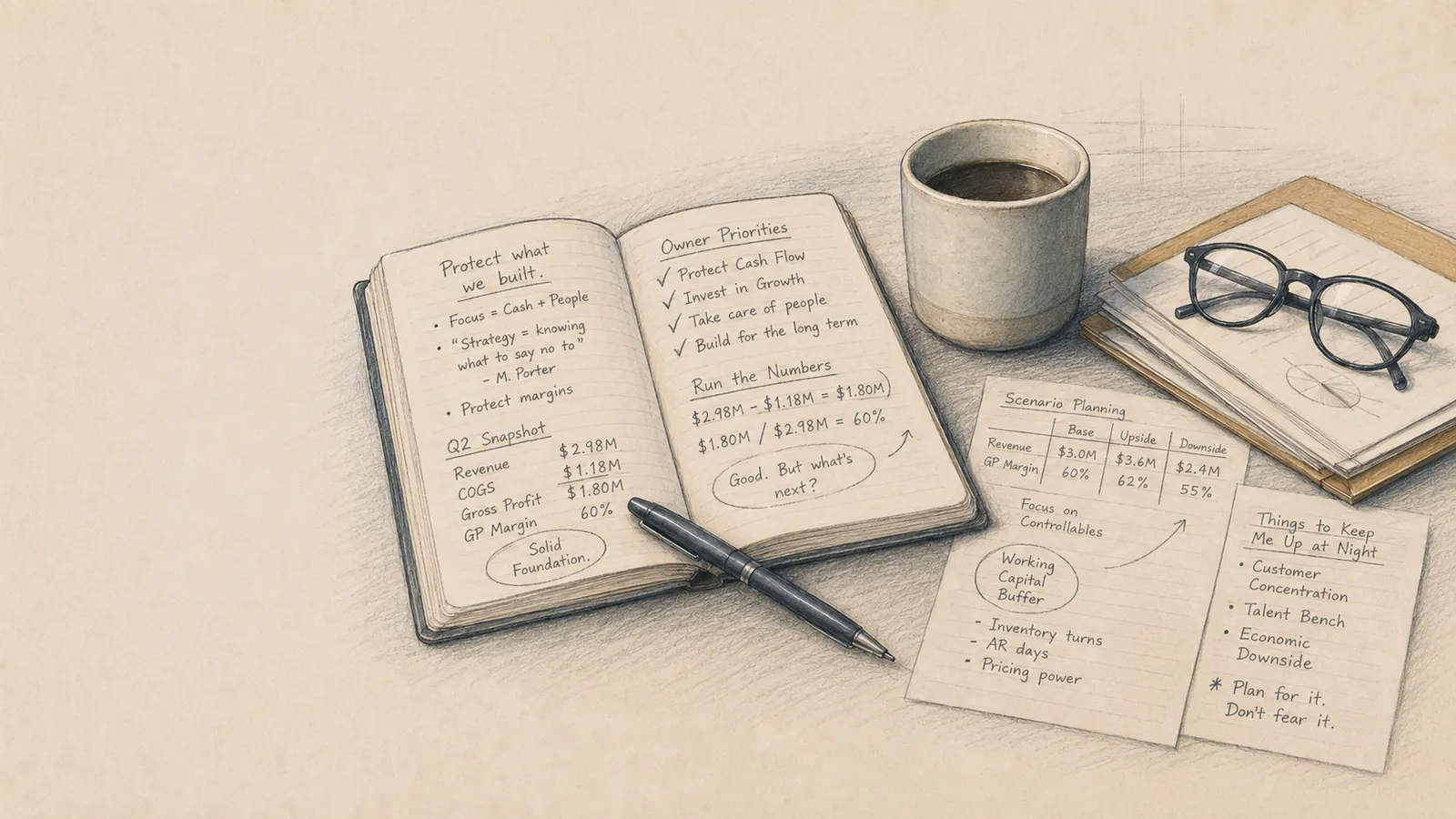 An owner's desk drawn in pencil: an open notebook headed “Protect what we built” with owner priorities and an illustrative quarterly snapshot, beside scenario-planning notes, reading glasses, and a cup of coffee